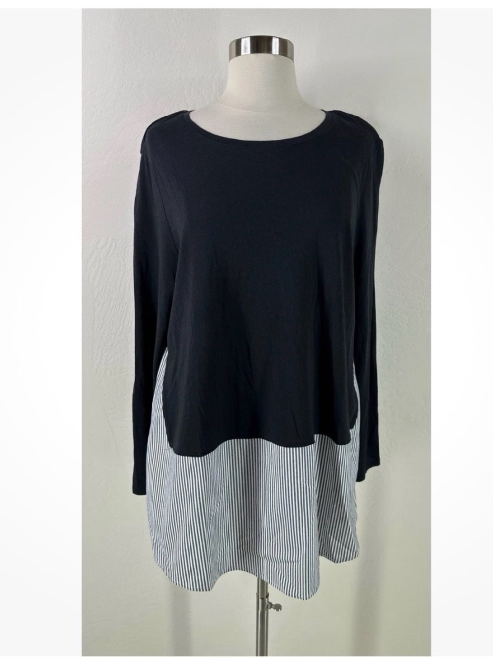 J. Jill Black Top with Blue-Striped Hem